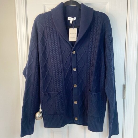 Peter Millar Fisherman’s Cable Shawl Collar CardiganNavy Cashmere Wool Yak Sz L - Picture 1 of 11